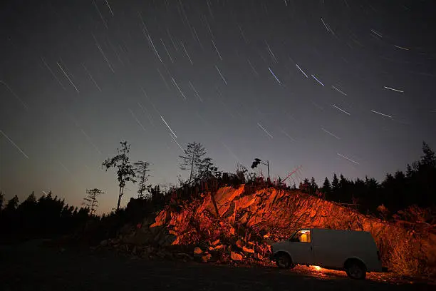 Starlink dish setup for vanlife in Canada beside a mountain lake